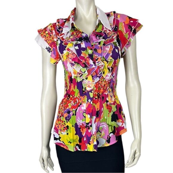 NWT Cathaya's Slimming S/S Blouse w/Colorful Floral Ruffles & Pleated Bodice SzM - Picture 4 of 15